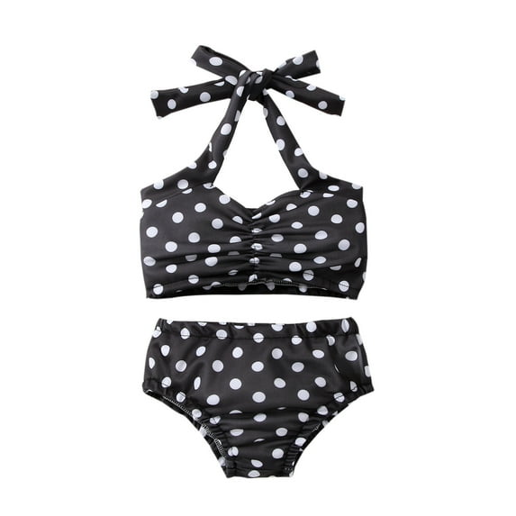 Huowey Kids Swimsuits Ruffled Halter Neck Bow Stylish Polka Dot Bikini Set Beach Wear 2 Piece Popular Swimsuit,Black,12-18 Months