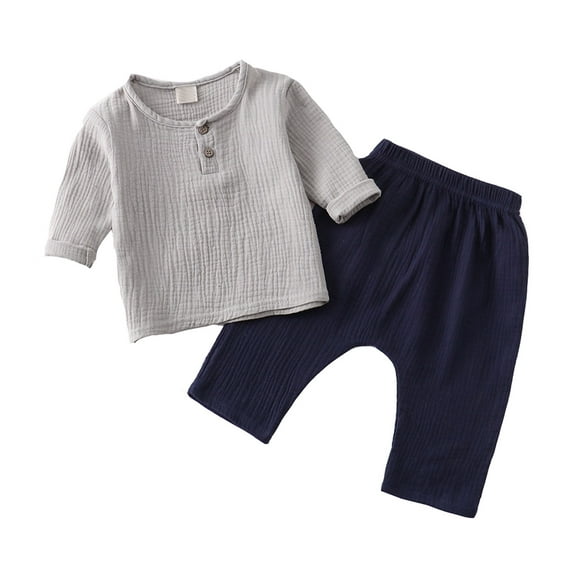 Huowey Kids Toddler Baby Boy Girl Solid Color Pullover Long Sleeve Linen Sweatshirt T Shirt Ankle Length Pants Crewneck Tops Shorts Sets Clothes Fashionable Dailywear, 12-18 Months