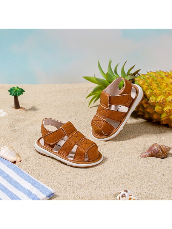 Kids Toddler Baby Boys Summer Sandals Solid Color Leather Close Toe Beach Footwear Sole Hook And Loop Ankle Strap Lightweight Breathable Cozy Casual Walking Crib Shoes,Brown,18-24 Months