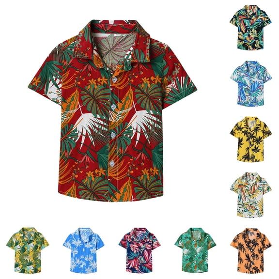 Huowey Kids Toddler Boys Summer Blouses Floral Print Short Sleeve Button Down Shirts Casual T Shirt Top For Beach Holiday Fashionable Lightweight Hawaiian Soft Dress Top,12-18 Months