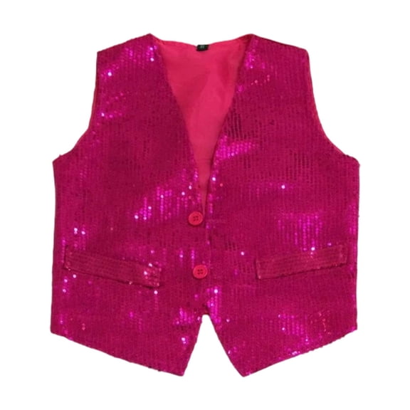 Huowey Kids Tops Carnival Sparkling Sequins Vest V-Neck Sleeveless Button Waistcoat Stage Performance Shiny Glitter Jacket Spring Fall Clothing,Hot Pink2,7-8 Years