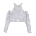 thumbnail image 1 of Huowey Kids Tops Sparkly Sequin Long Sleeve Off The Shoulder Crewneck Crop Top Jazz Street Dance Wear Show Stage Performance Party Stylish Casual Comfy Dailywear,Light Gray,7-8 Years, 1 of 3