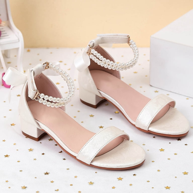 cute summer dress shoes Huowey Kids Youth Girls Princess Solid Color Low Heel Ankle Strap Open Toe Pearl Bow Sandals Summer Lightweight Elegant Wedding Birthday Party Shoes,White,9.5-10 Years backless midi dress Color:IVORY MULTI Figure Skating Dress | Floral dress Size Foot Length cm