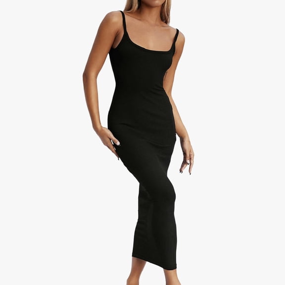 Huowey Ladies Dress Solid Color Spaghetti Strap Sleeveless Backless Casual Square Collar Slim Fit Bodycon Loose Sundresstight Slip Long Dresses For Women,Black,L