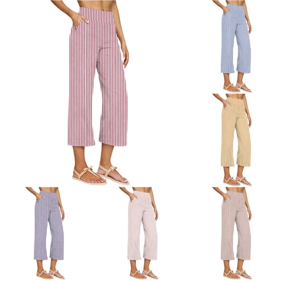 Huowey Ladies High Waist Striped Cropped For Women Elastic Wide Leg Capri Trousers With Pockets Lightweight Breathable Casual Bottoms Summer Beach Vacation Walking Streetwear,Hot Pink,L