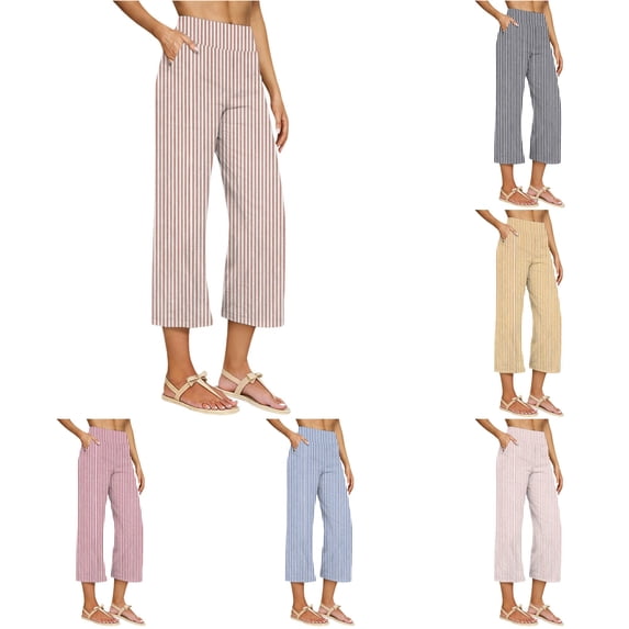 Huowey Ladies High Waist Striped Cropped For Women Elastic Wide Leg Capri Trousers With Pockets Lightweight Breathable Casual Bottoms Summer Beach Vacation Walking Streetwear,Light Pink,XL