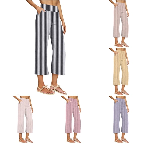 Huowey Ladies High Waist Striped Cropped For Women Elastic Wide Leg Capri Trousers With Pockets Lightweight Breathable Casual Bottoms Summer Beach Vacation Walking Streetwear,Black,S