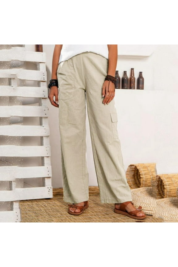 Linen Pants Women Baggy High Waisted Wide Leg Solid Color Drawstring Elastic Trousers Comfy Straight Leg Long Loose Fit Summer Palazzo Pants,Khaki,XXL
