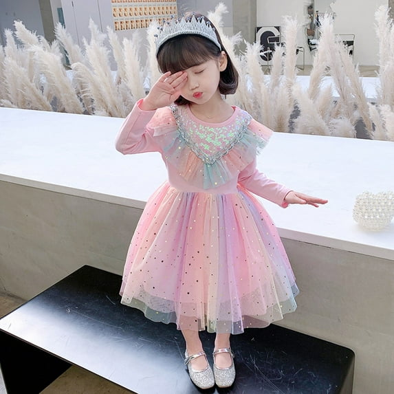 Huowey Little Big Girls Tutu Dresses Rainbow Sparkly Gradient Long Sleeve Crewneck High Waist Sequin Tutu Ruffle Tiered Layering Fashionable Wedding Party Tulle Dress Ruched Sundress,Pink,1-2 Years