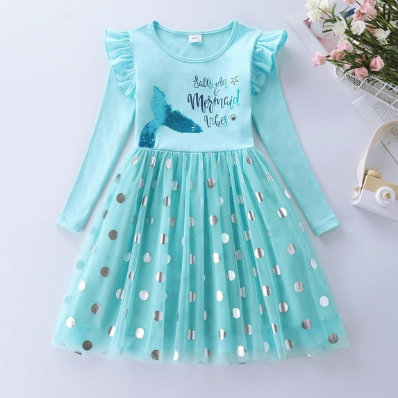 Huowey Little Big Girls Tutu Dresses Rainbow Sparkly Gradient Long Sleeve Crewneck Letter Cartoon Print Sequin Tutu Ruffle Tiered Layering Wedding Party Tulle Dress Special Occasions,Blue,5-6 Years