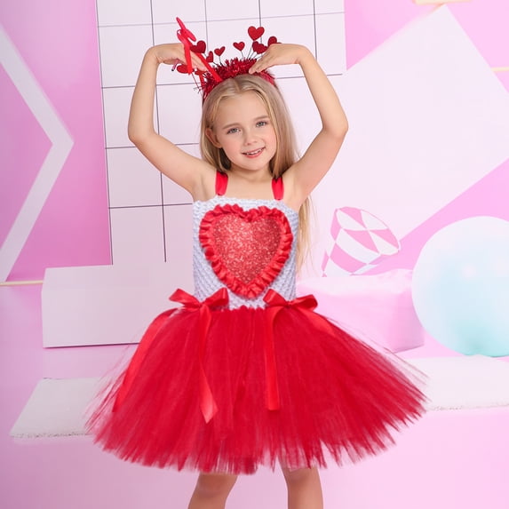 Huowey Little Big Girls Valentine'S Day Birthday Party Pageant Dress Party Sequin Sleeveless Spaghetti Strap Tutu Dress Stage Party Gown Tiered Tulle Dresses Guest Pageant Outfits,Red1,6-7 Years