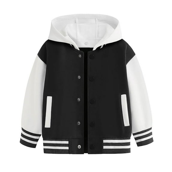 Huowey Little Boy Girl Coat Hooded Varsity Jacket Color Block Baseball Jacket Bomber Coat School Uniform With Pocket Tops Clothes,Black,11-12 Years