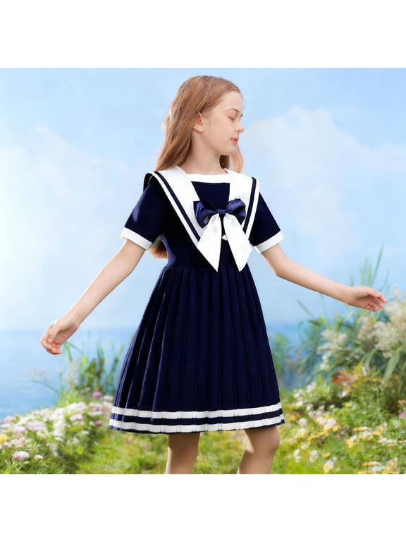 Little Girls Dress Short Sleeve Classic Sailor Collar With Big Bow Pleated Skirt Nautical Uniform Dress For School Vacation Birthday Photograph Kids 2 14 Years Casual Outfit,Navy