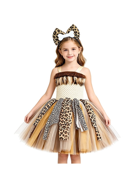 Little Girls Earth Tone Tulle Tutu Dress Set Leopard Bow Hairband Toddler Sling Mesh Outfit For Birthday Photoshoot School Stage Show Holiday Party Kids Soft Dress Up Dailywear,Coffee
