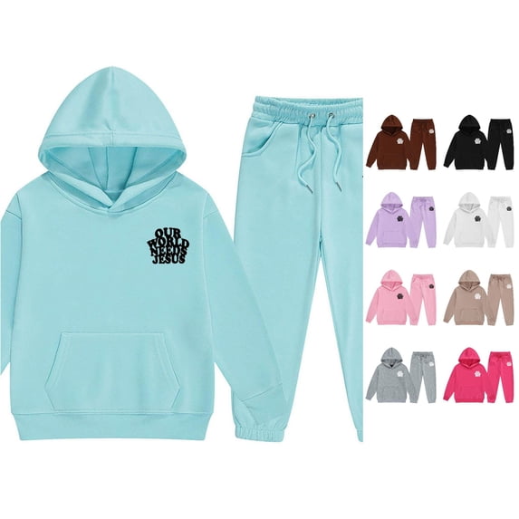 Huowey Little Girls Outfits Fall Clothes Long Sleeve Hoodie Sweatshirt+Pants 2 PC Set Loose Fit Letter Graphic Winter School Outdoor Casual Everyday Wear Lovely Outfit,Mint Green,3-4 Years