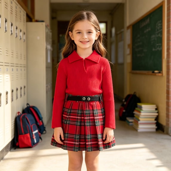 Huowey Little Girls Outfits Fall Clothes Long Sleeve Knit Sweatshirt And Plaid Skirt 2 PC Set Lapel Winter Outdoor Casual Everyday Wear Lovely Outfit,Red,12-18 Months