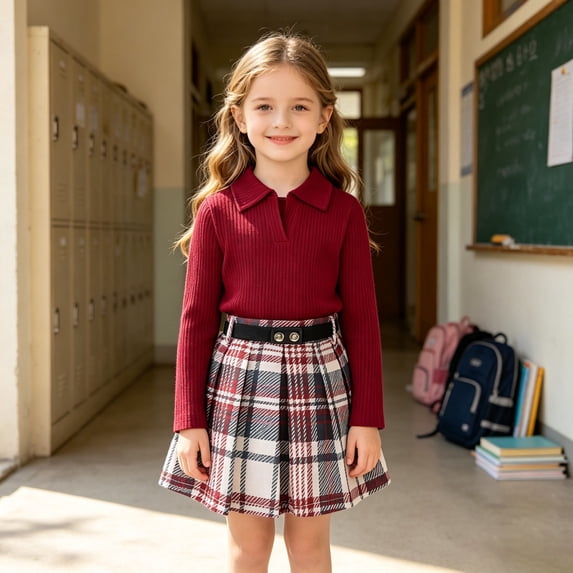 Huowey Little Girls Outfits Fall Clothes Long Sleeve Knit Sweatshirt And Plaid Skirt 2 PC Set Lapel Winter Outdoor Casual Everyday Wear Soft Outfit,Watermelon Red,2-3 Years