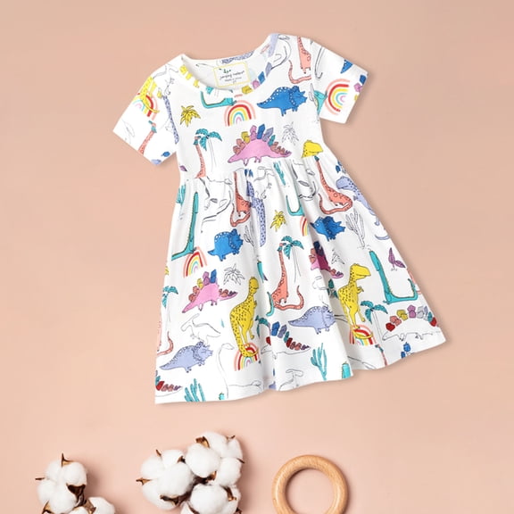 Huowey Little Girls Toddler Summer Dress Cute Cartoon Dinosaur Flower Print Crewneck A-Line Short Sleeve High Waist Casual Party Birthday Breathable Outdoor Dresses Dailywear,A,2 Years