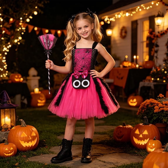 Huowey Little Halloween Spider Dress Mesh Graphic Tutu Fuzzy Dress-Up Party Tulle Dresses Square Neck Wide Strap Trick Or Treat Lovely Festival Clothes,Hot Pink,6-7 Years