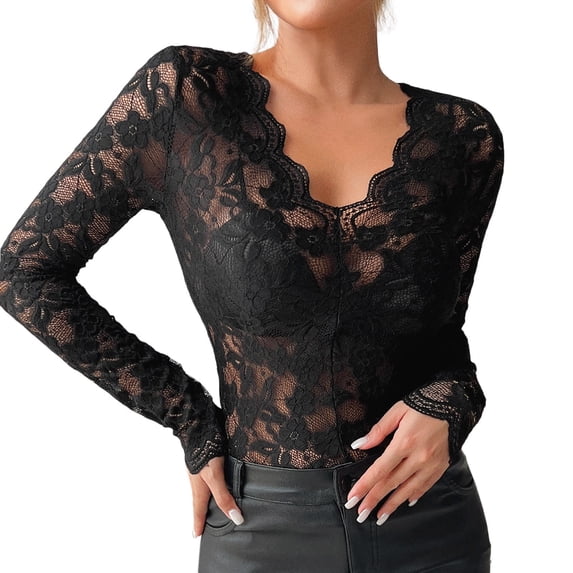Huowey Long Sleeve Shirts For Women Lace Sheer V-Neck Mesh Top Fashionable Blouse See Through Floral Undershirts Embroidery Solid Color Breathable Layering T-Shirts Work Spring Tee,Black,Xxl
