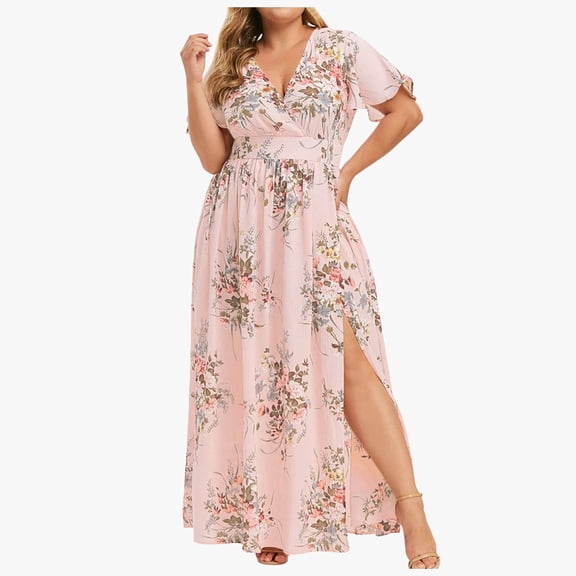 Huowey Maxi Dresses For Women Deep V Neck Short Sleeve High Waist Floral Print High Split Flowy Long Boho Casual Party Dress Fashionable Cozy Dailywear,Pink,XXL