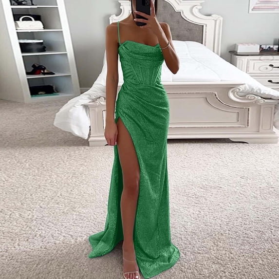 Huowey Maxi Dresses For Women Solid Color Sequin Sleeveless Spaghetti Strap Backless Sweetheart Neck Slim Fit Sparkly Glitter High Split Full Length Bodycon Dress Party Wedding Gowns,Green,M