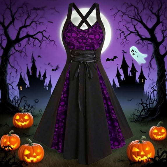 Huowey Gothic Dresses Women Halloween LaceâUp Waist Fancy Cosplay Party Gown V-Neck Spaghetti Strap Eye-Catching Halloween Dress,Purple,M