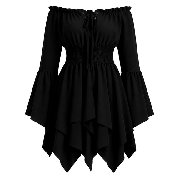 Huowey Pirate Vampire Gothic Dresses Womens Halloween Fancy Cosplay Party Gown Off Shoulder Long Sleeve Flowy Eye-Catching Halloween Dress,Black,XL