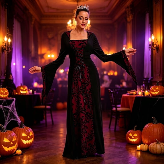 Huowey Vampire Gothic Dresses Halloween For Women LaceâUp Waist Fancy Cosplay Party Gown Floral Graphic Square Neck Long Sleeve Elegant Halloween Dress,Red,XL