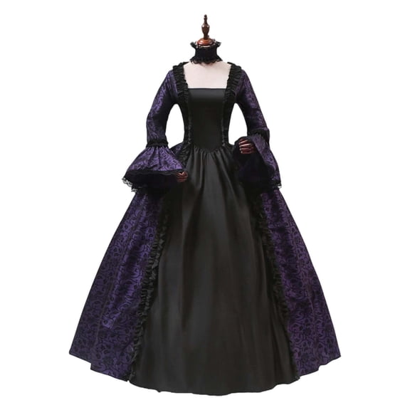 Huowey Vampire Gothic Dresses Halloween For Women LaceâUp Waist Fancy Cosplay Party Gown Square Neck Long Sleeve Elegant Halloween Dress,Purple,XL