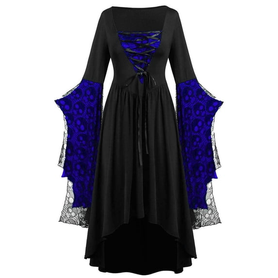 Huowey Vampire Gothic Dresses Halloween For Women LaceâUp Waist High-Low Fancy Cosplay Party Gown Square Neck Long Sleeve Elegant Halloween Dress,Dark Blue,M