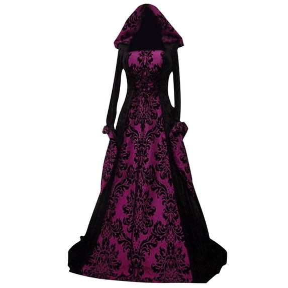 Huowey Vampire Gothic Dresses Hooded Women Halloween Fancy Cosplay Party Gown Floral Graphic Long Sleeve Eye-Catching Halloween Dress,Purple,XXL