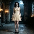 thumbnail image 1 of Huowey Vampire Gothic Dresses Women Halloween Floral Lace Fancy Cosplay Party Gown Spaghetti Strap Eye-Catching Halloween Dress,Khaki,L, 1 of 4
