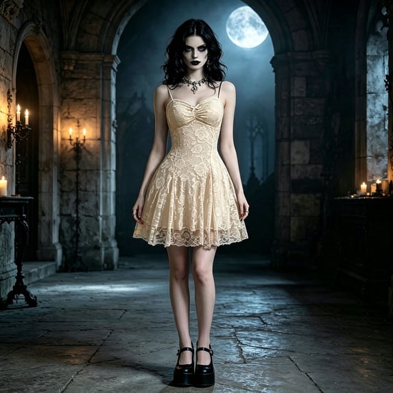 Huowey Vampire Gothic Dresses Women Halloween Floral Lace Fancy Cosplay Party Gown Spaghetti Strap Eye-Catching Halloween Dress,Khaki,L