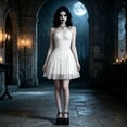 thumbnail image 1 of Huowey Vampire Gothic Dresses Women Halloween Floral Lace Fancy Cosplay Party Gown Spaghetti Strap Eye-Catching Halloween Dress,White,L, 1 of 4