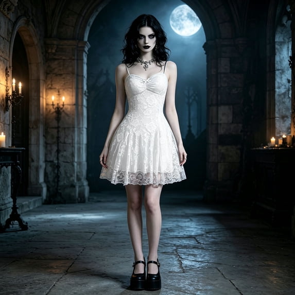 Huowey Vampire Gothic Dresses Women Halloween Floral Lace Fancy Cosplay Party Gown Spaghetti Strap Eye-Catching Halloween Dress,White,L