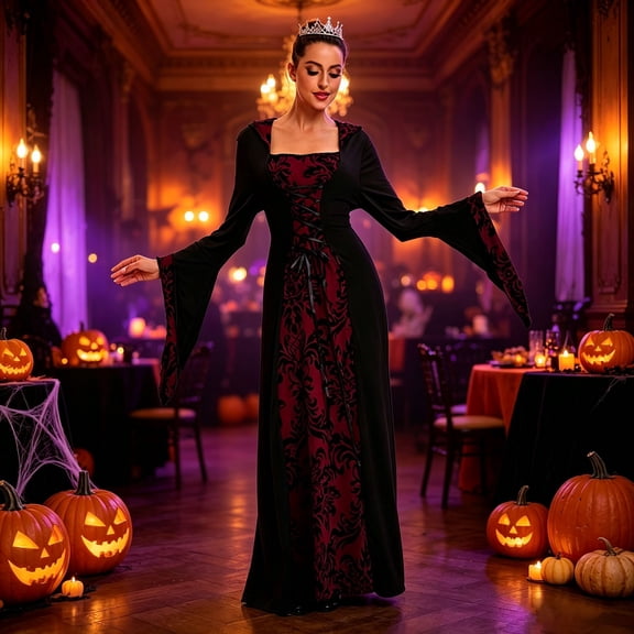 Huowey Vampire Gothic Dresses Women Halloween LaceâUp Waist Fancy Cosplay Party Gown Floral Graphic Square Neck Long Sleeve Eye-Catching Halloween Dress,Red,S