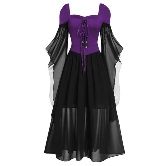 Huowey Vampire Gothic Dresses Women Halloween LaceâUp Waist Fancy Cosplay Party Gown Square Neck Long Sleeve Eye-Catching Halloween Dress,Purple,L