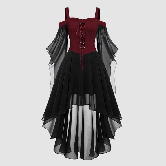 Huowey Vampire Gothic Dresses Women Halloween LaceâUp Waist High-Low Fancy Cosplay Party Gown Off Shoulder Long Sleeve Eye-Catching Halloween Dress,,XXL