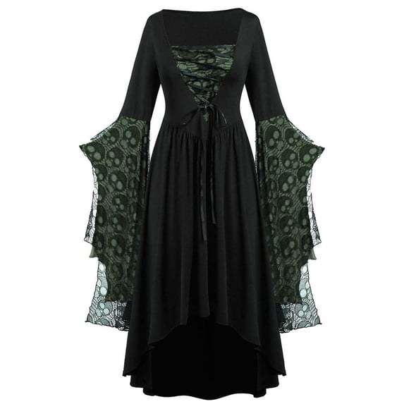 Huowey Vampire Gothic Dresses Women Halloween LaceâUp Waist High-Low Fancy Cosplay Party Gown Square Neck Long Sleeve Eye-Catching Halloween Dress,Green,XL