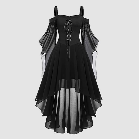 Huowey Vampire Gothic Dresses Womens Halloween LaceâUp Waist High-Low Fancy Cosplay Party Gown Off Shoulder Long Sleeve Eye-Catching Halloween Dress,Black,XXL