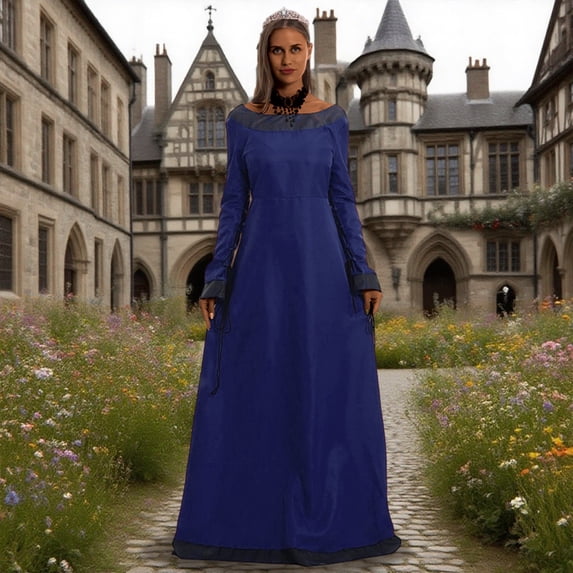 Huowey Medieval Witch Gothic Dresses Halloween Costumes For Women Fancy Cosplay Party Gown Crew Neck Long Sleeve Elegant Halloween Dress,Blue,L