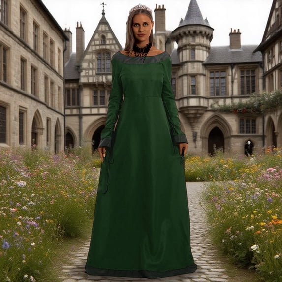 Huowey Witch Gothic Dresses Women Halloween Elegant Fancy Cosplay Party Gown Crew Neck Long Sleeve Eye-Catching Halloween Dress,Green,XXL