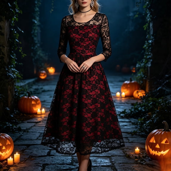 Huowey Witch Gothic Dresses Women Halloween Floral Lace Fancy Cosplay Party Gown Crew Neck Long Sleeve Eye-Catching Halloween Dress,Red,XXXL
