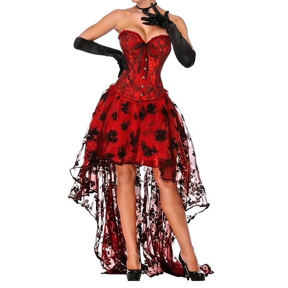 Huowey Witch Gothic Dresses Womens Halloween Corset Fancy Cosplay Party Gown High-Low Tulle Off Shoulder Eye-Catching Halloween Dress,Red,XL