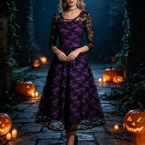 Huowey Witch Gothic Dresses Womens Halloween Floral Lace Fancy Cosplay Party Gown Crew Neck Long Sleeve Eye-Catching Halloween Dress,Purple,XXXL