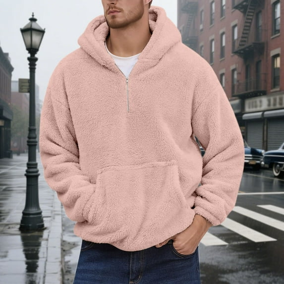 Huowey Men Coat Winter Thermal Fuzzy Thick Hoodies Half Zip Up Lined Casual Pullover Sweatshirt Solid Color Soft Comfortable Lightweight Athletic Outwear,Pink,XXL
