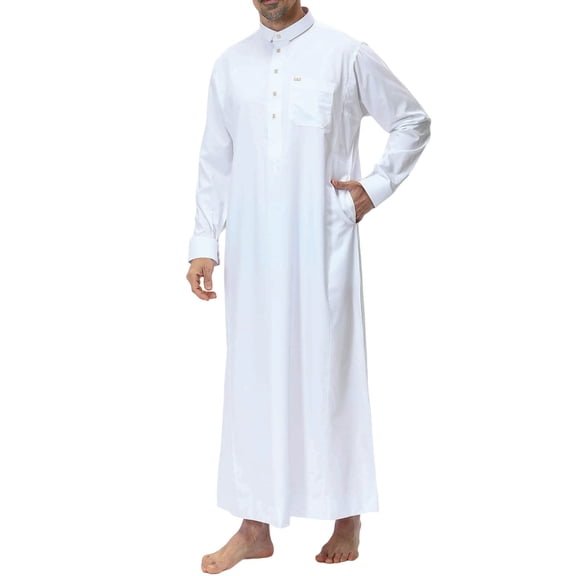 Huowey Men Elegant Robe Clothes Set Ethnic Style Embroidery Print Polo Collar Button Long Sleeve Solid Color Long Shirt Casual Celebration Traditional Festival Cosy Outfits Fashion Streetwear,White,M