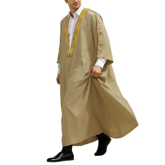 Huowey Men Elegant Robe Clothes Set Ethnic Style Embroidery Print V-Neck Half Sleeve Solid Color Long Shirt Casual Celebration Traditional Festival Cosy Outfits Spring Fall Clothes,Khaki,Xl