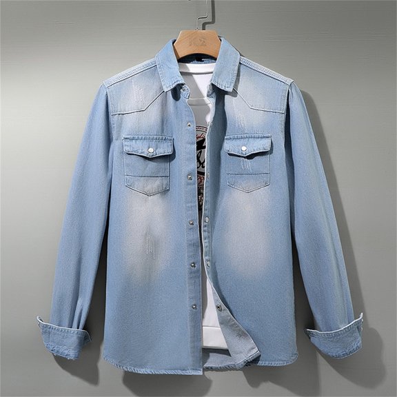 Huowey Men Jean Shirt Solid Color Button Down Classic Denim Jacket Long Sleeve Casual Work Shirt Washed Jean Coat Autumn Daily Wear,Light Blue,XXXXL